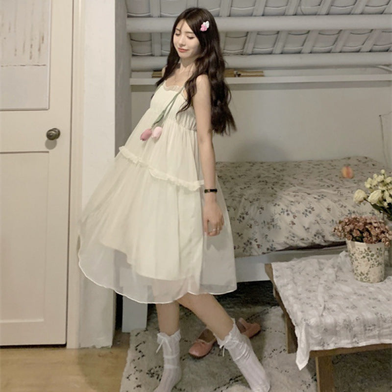 2025 Pure lust lace tulip suspender nightdress girl with chest pad summer sweet and cute pajamas loose home clothes