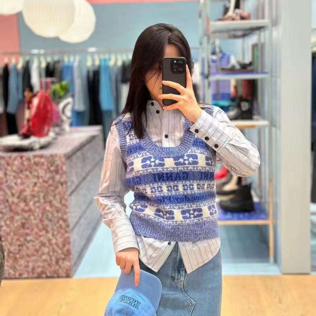 2025 Women's sweater vest autumn and winter new classic inlaid U-neck mixed color loose knitted vest women's pullover vest