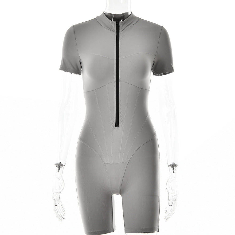 2025 New explosion sexy tights autumn and winter hot-selling fashion short-sleeved zipper striped bottoming shirt women