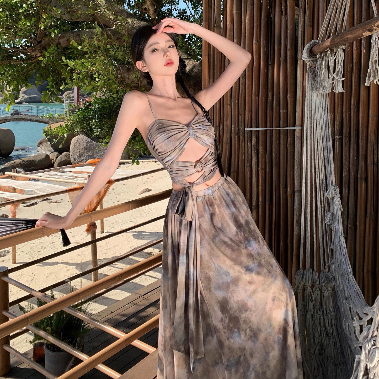 2025 New Chinese ink smudge skirt set women's summer design sense suspender tube top skirt long dress two-piece dress