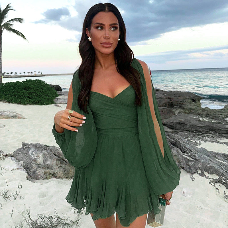 2025 D24DS067 2025 women's clothing summer new solid color casual mesh long-sleeved straps backless slim short dress