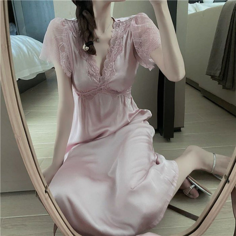 2025 Sexy short-sleeved long nightgown women's summer thin thin lace pajamas thin retro dress women's trend