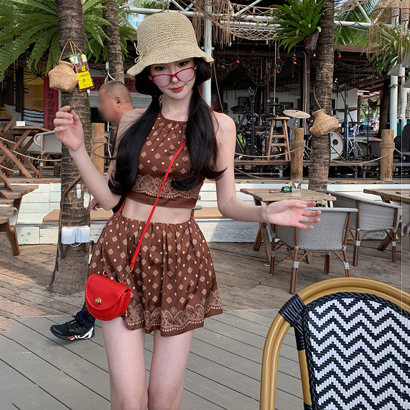 2025 Spice girl sexy wind suspender top female slim slim slim high waist skirt short seaside vacation two-piece suit summer