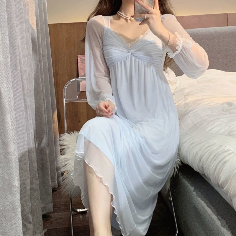 2025 Lace mesh princess style nightdress women's spring new sweet long loungewear pajama skirt with chest pad
