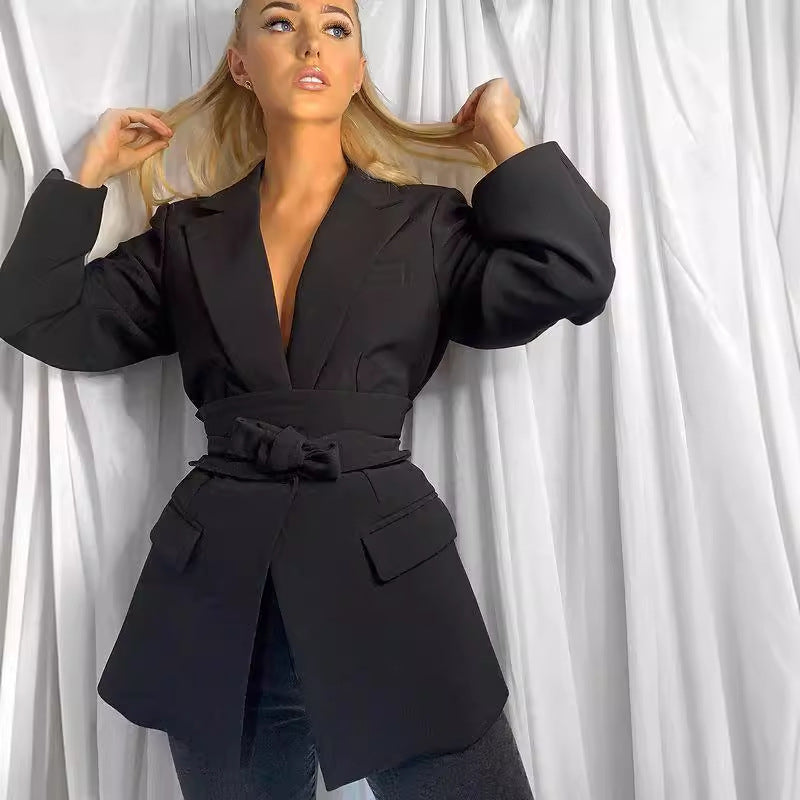 2025 hot-selling fashion casual suit women's summer new solid color long-sleeved cardigan strap waist jacket