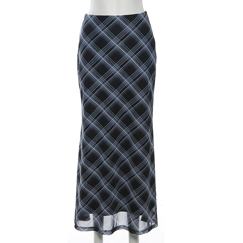 2025 style spring new women's clothing thin high waist hip wrap classic dark plaid long skirt skirt