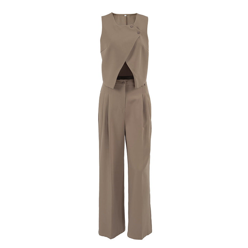 2025 casual khaki fashion temperament sleeveless vest trousers set spring and summer versatile high waist two-piece set women