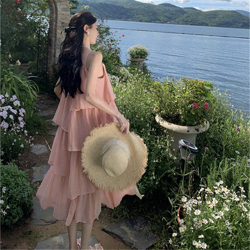 2025 Pink gentle wind suspender dress women's summer new seaside vacation sweet age reduction sleeveless ruffle leaf edge cake dress