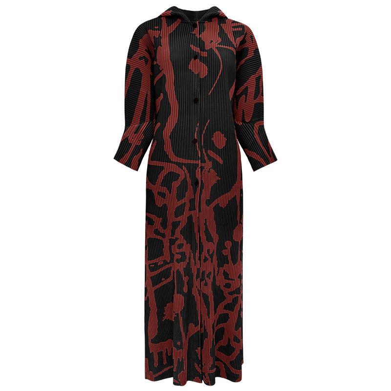 2025 spring casual print coat women's spring long-sleeved single-breasted skirt high-end hooded dress women