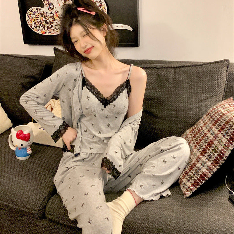 2025 Pajamas women's spring and autumn thin long-sleeved sexy suspenders gray bow floral sweet girl loungewear set