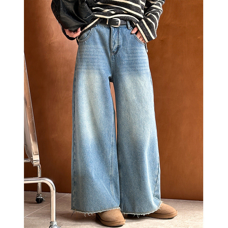 2025 popular autumn and winter new Korean version retro high waist and thin loose velvet jeans 9251-2