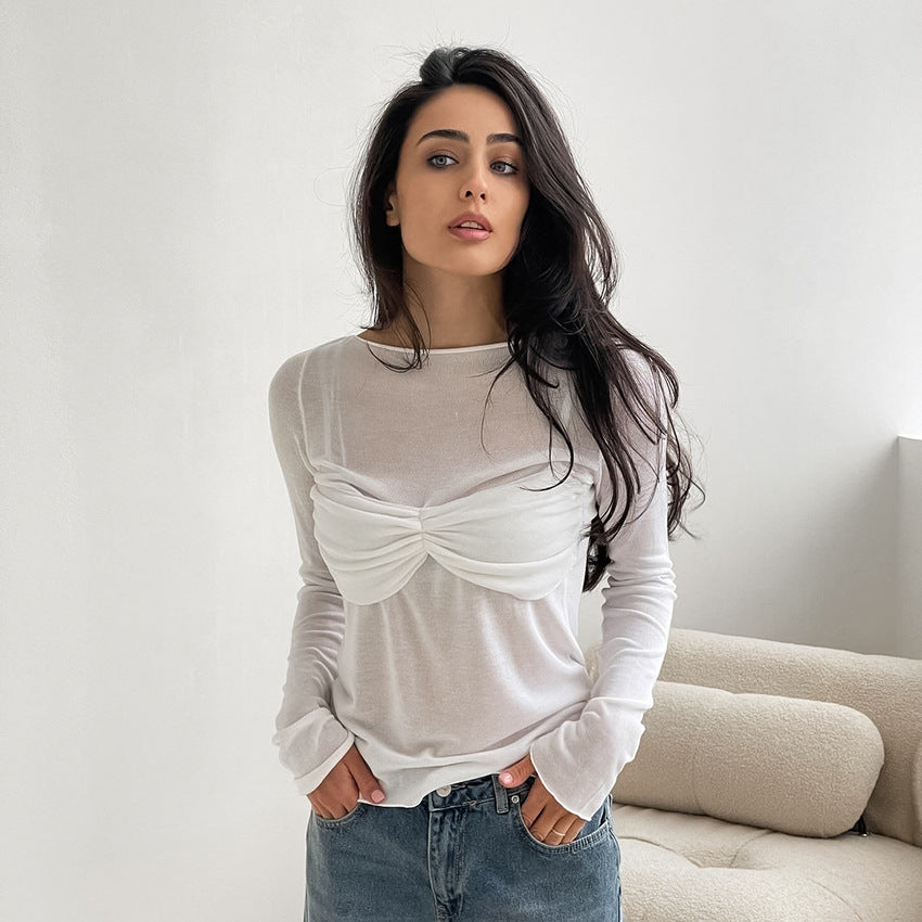2025 Autumn and winter casual temperament sense slightly transparent sexy slim-fitting knitted round neck long-sleeved commuting T-shirt versatile top white