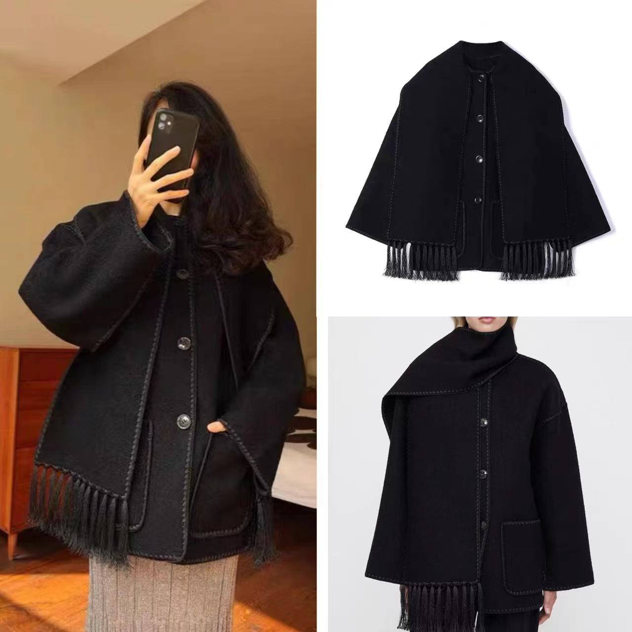 2025 Nordic TO24 autumn and winter new classic double-sided woolen embroidered hemming fringed scarf wool coat 31071