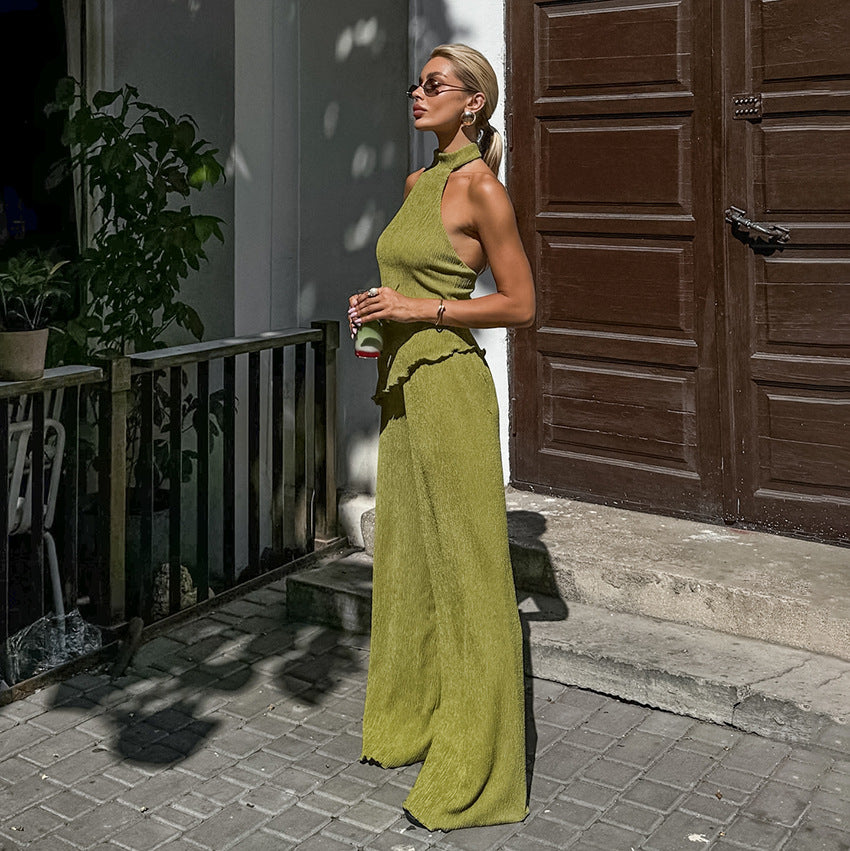 2025 spring and summer design sense green sleeveless neck vest wide pants two-piece fashion suit commuter women