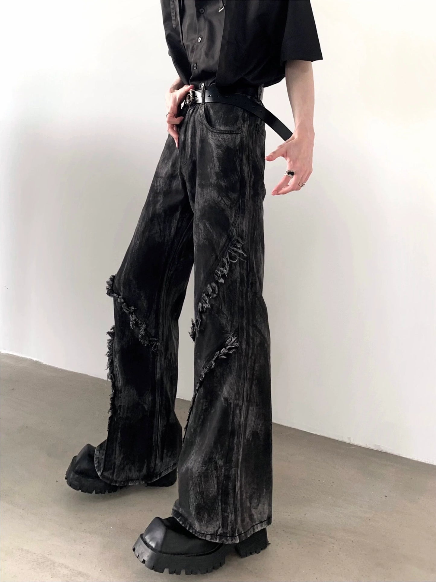 sanyamk Autumn Streetwear Dark High Waist Denim Slightly Flared Pants