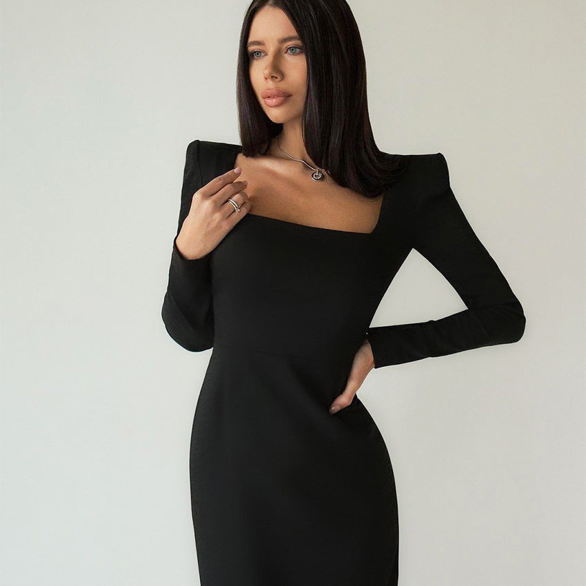 2025 popular Spring Clothing Women's Clothing Long Skirt Square Neck Temperament Small Black Dress Slim Fit Hip Wrap Design Sense Dress Women