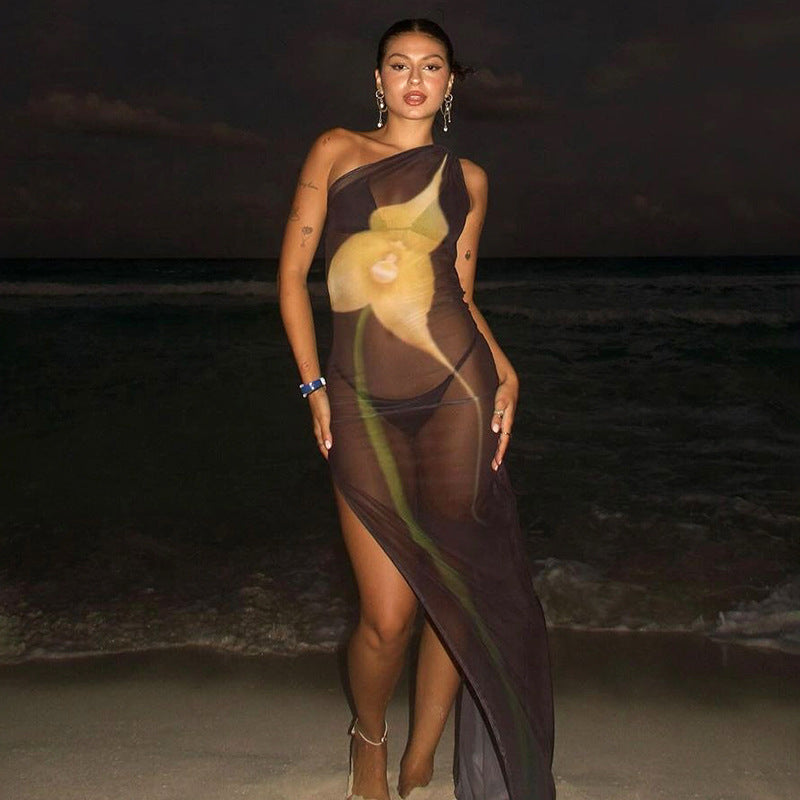 2025 E24DS010 2025 women's clothing summer new mesh sexy printing perspective single shoulder sleeveless slit long dress