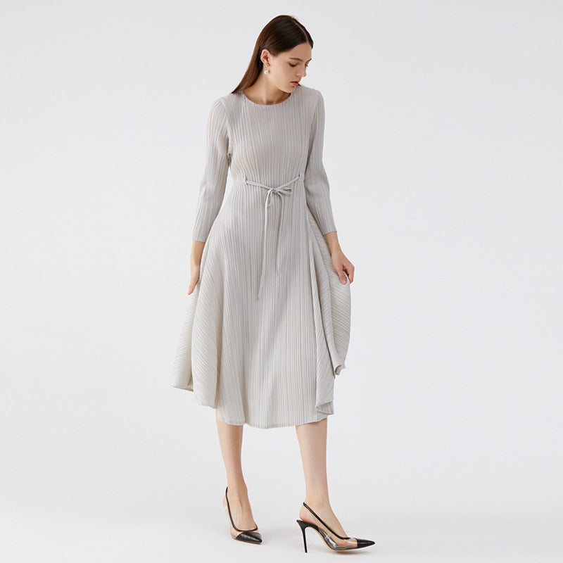 2025 spring new women's Korean version women's clothing solid color round neck dress fashion temperament slim pleated medium and long dress women