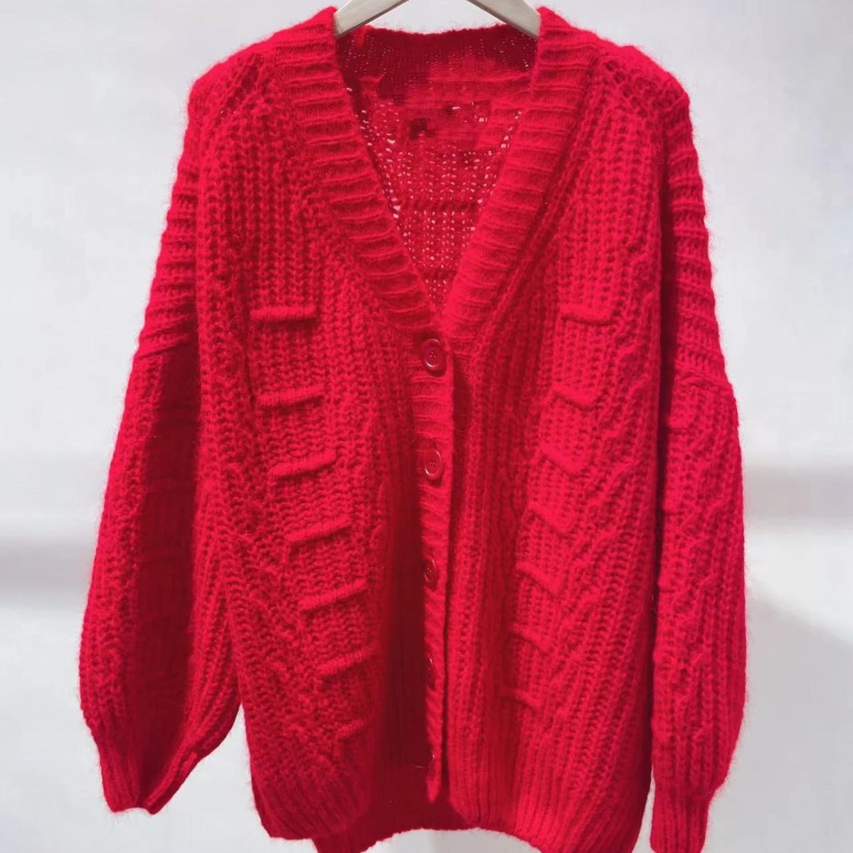 2025 Red sweater women's winter 24 New Year's sweater red V-neck loose lazy wind wool knitted cardigan jacket women
