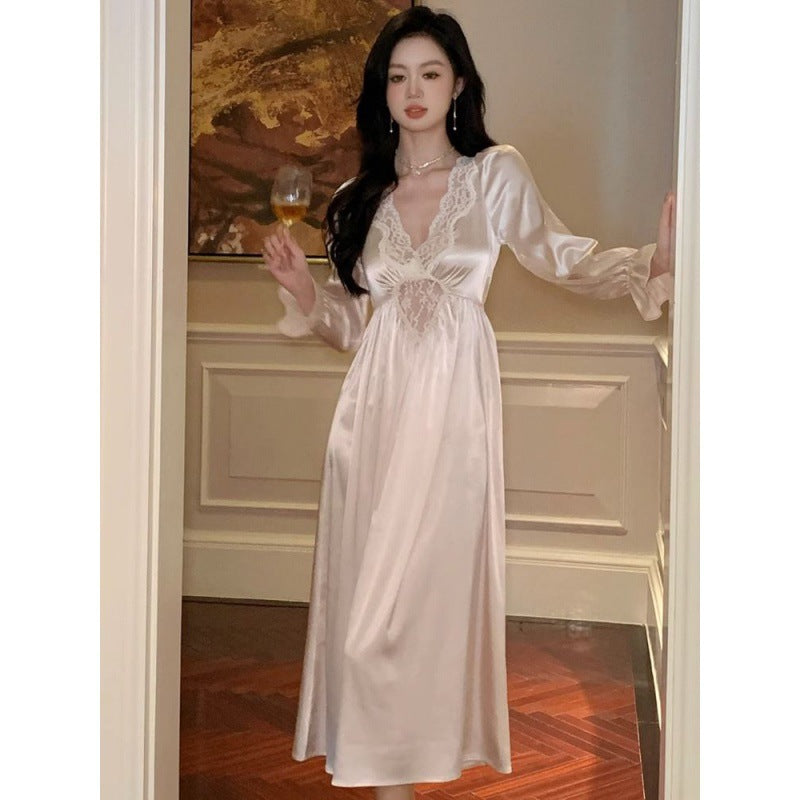 2025 court girls long-sleeved sexy nightgown women's pure desire long summer lace high-end pajamas women's autumn