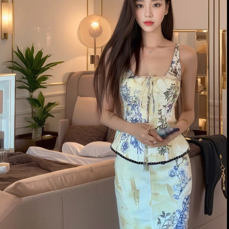Summer new temperament printed suspender set high waist hip fish tail skirt skirt two-piece set L5150