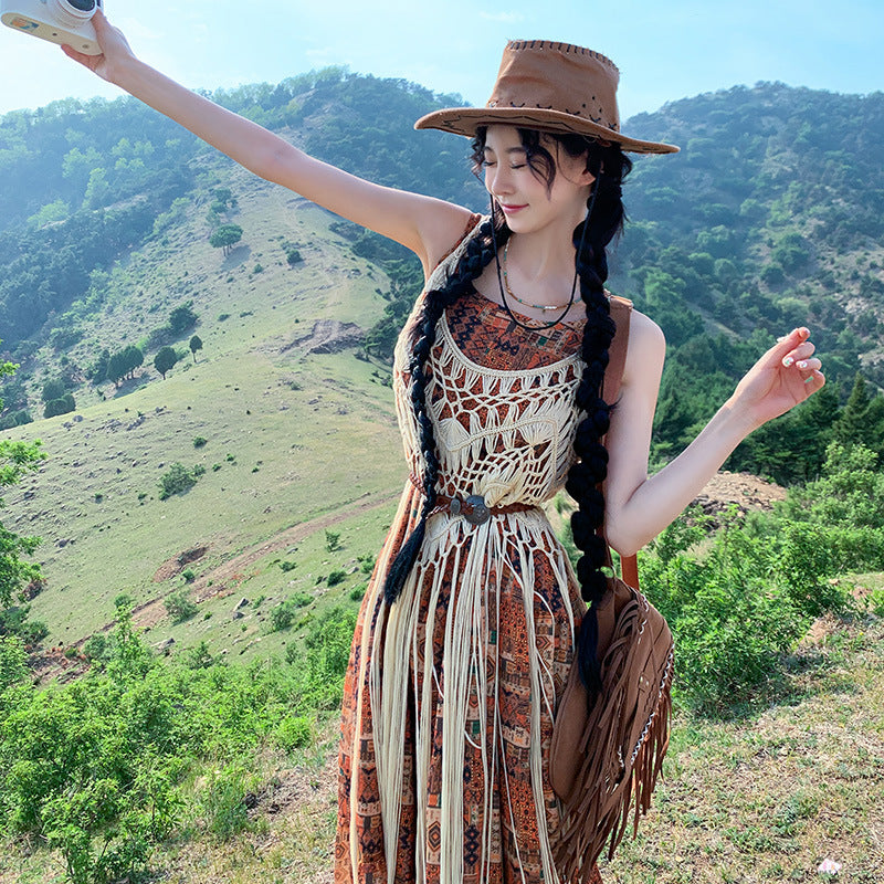 2025 Sanya seaside travel photo retro printing wear suspender dress beach strap waist dress women's summer