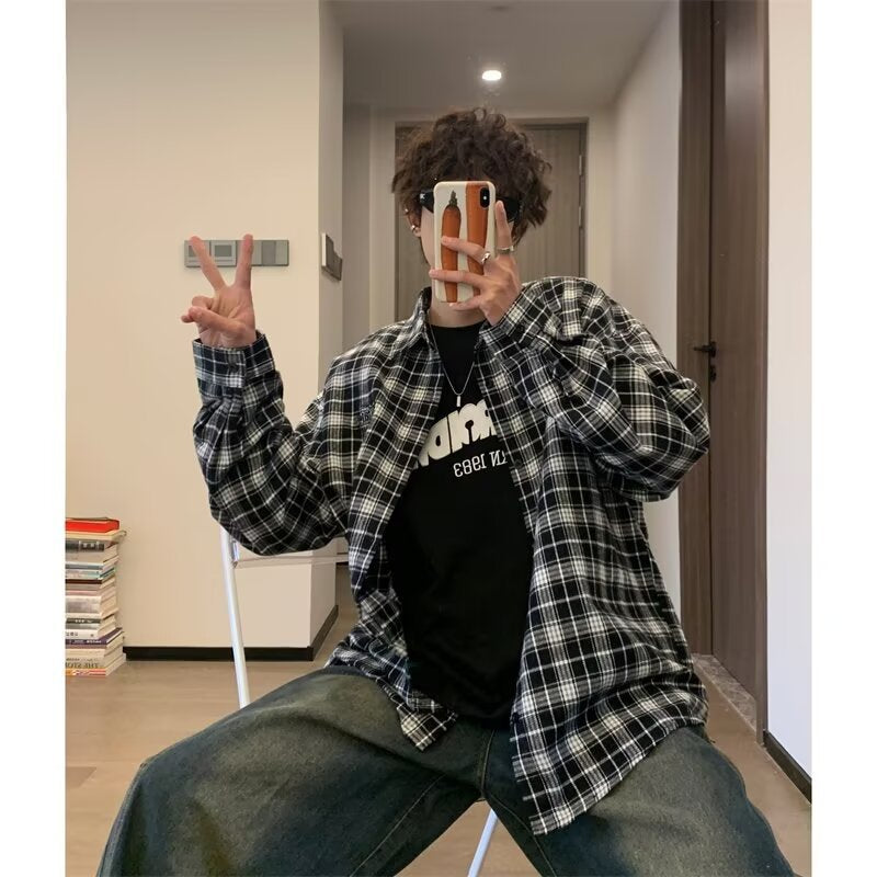 sanyamk frat outfits Autumn 2024 New Long Sleeve Plaid Shirt Boys Trendy American Couple Spring and Autumn Loose Shirt Jacket