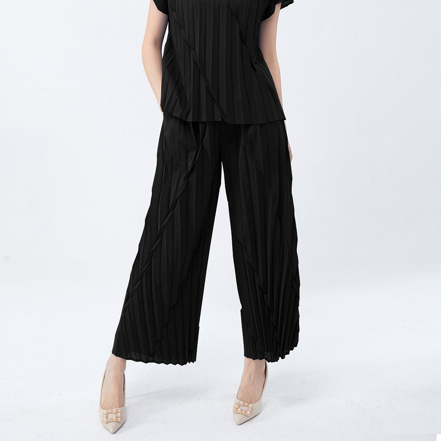 straight-leg pants women's summer elastic waist high-end sense hand-pleated loose fashion commuting versatile casual pants tide