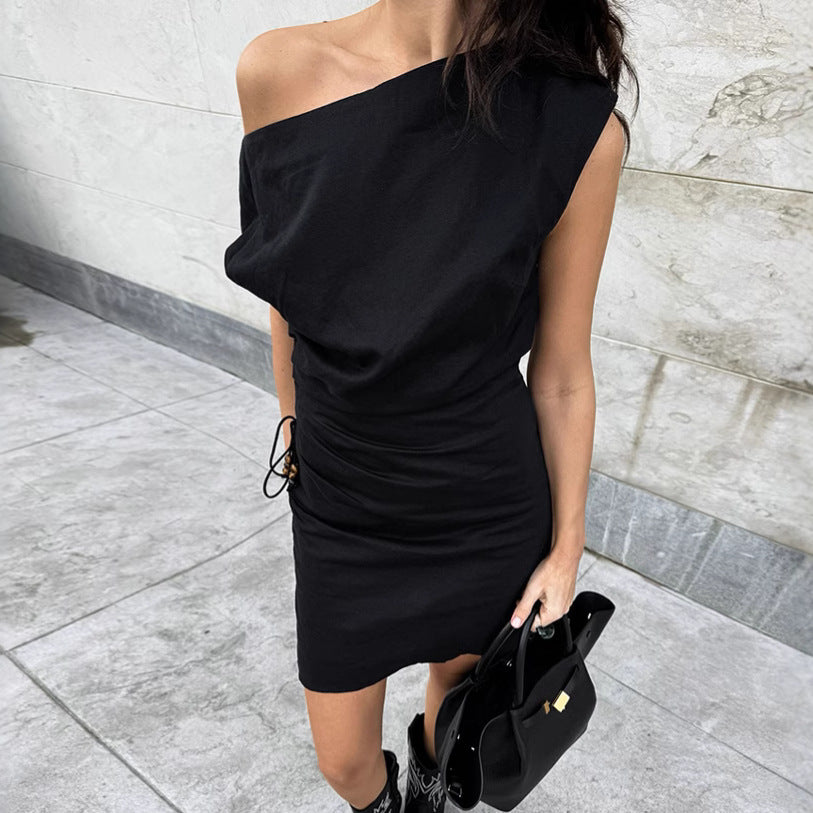 2025 Black cotton irregular collar off-the-shoulder slim-fit hip-wrapped dress spring and summer fashion new short skirt