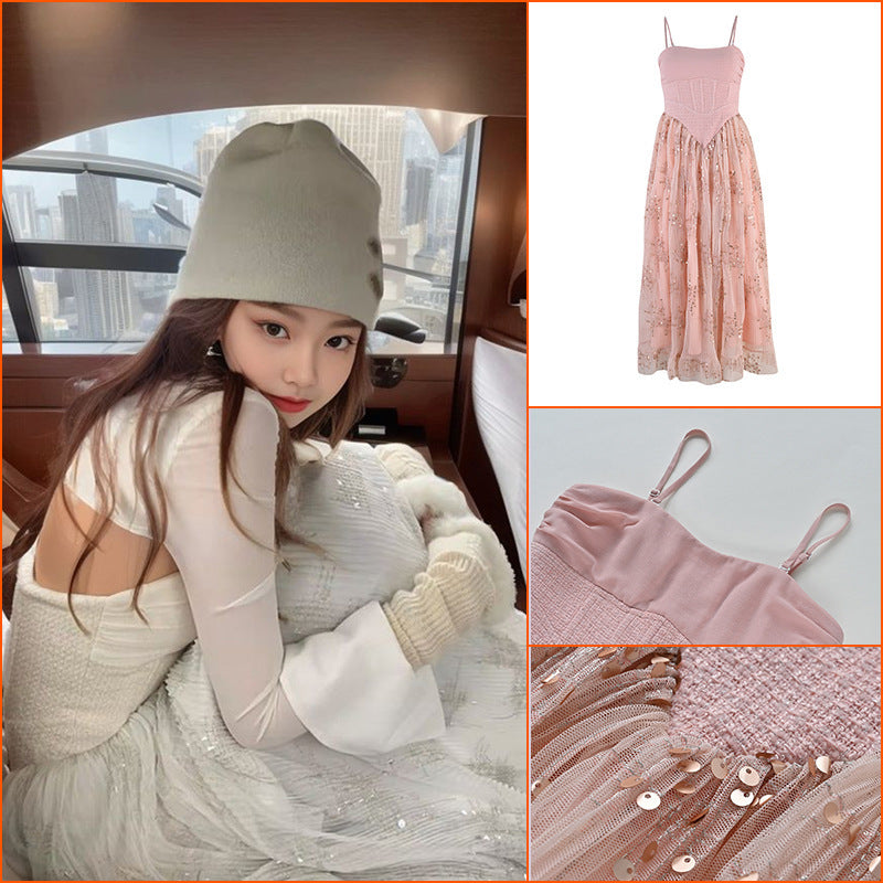 Annual meeting banquet tube top dress women's waist and thin heavy industry bead mesh long dress small gift dress autumn and winter KZ022