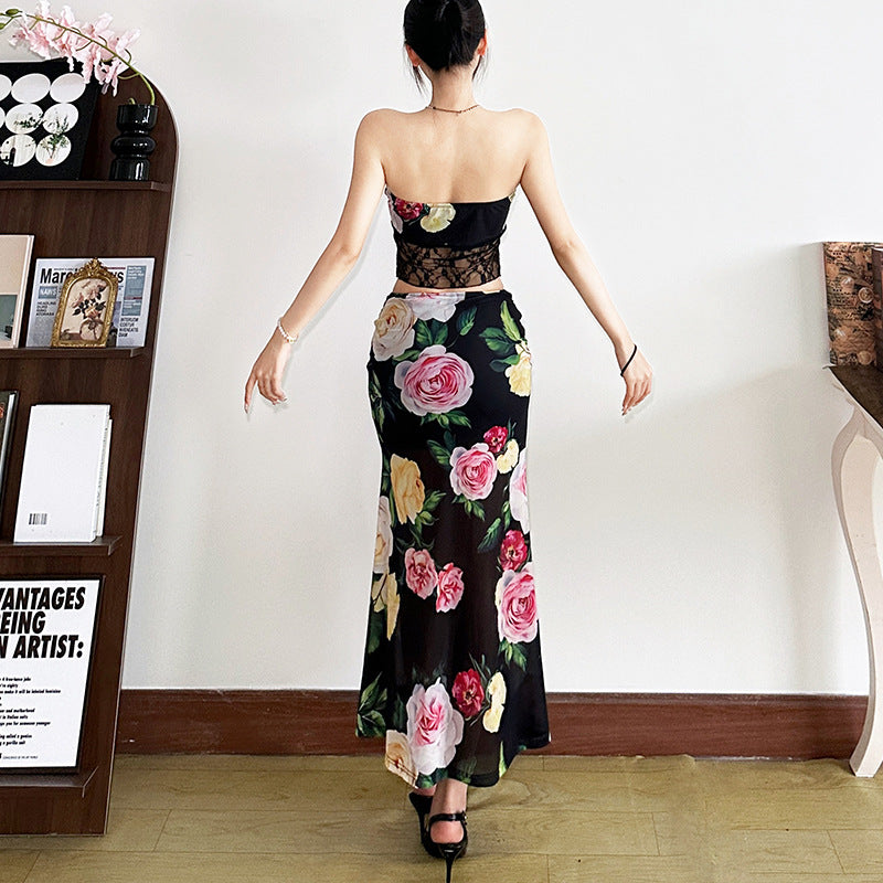 2025 style spring new women's clothing lace splicing corset, open button vest, printed long skirt, skirt