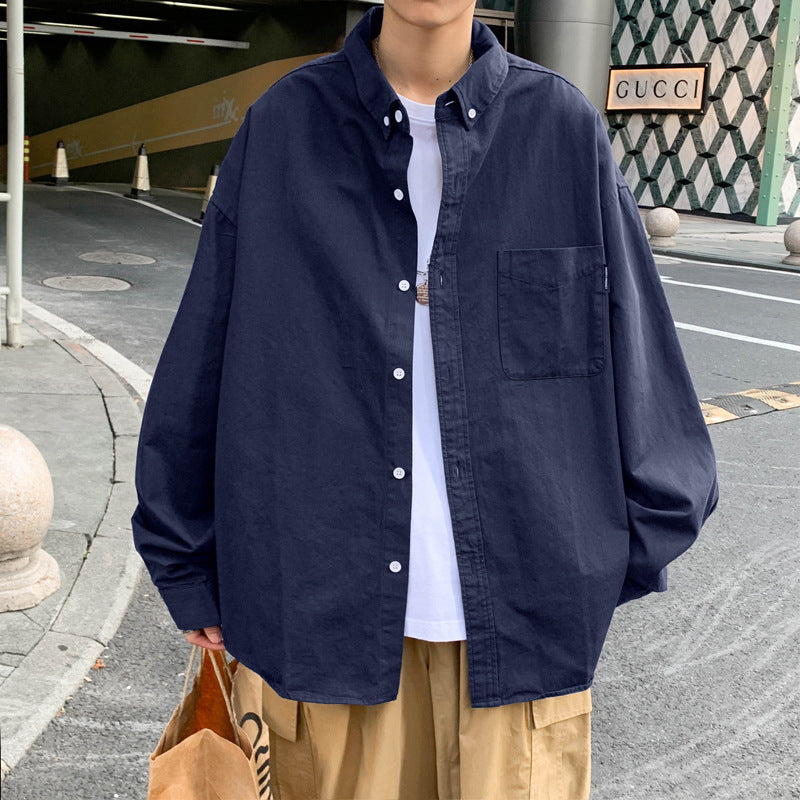 sanyamk mens fall fashion Japanese Style Cityboy Solid Color Long-Sleeved Shirt Summer Men's Niche Design Sense Stacked Lapel Shirt Coat Fashion