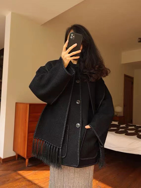 2025 Nordic TO24 autumn and winter new classic double-sided woolen embroidered hemming fringed scarf wool coat 31071