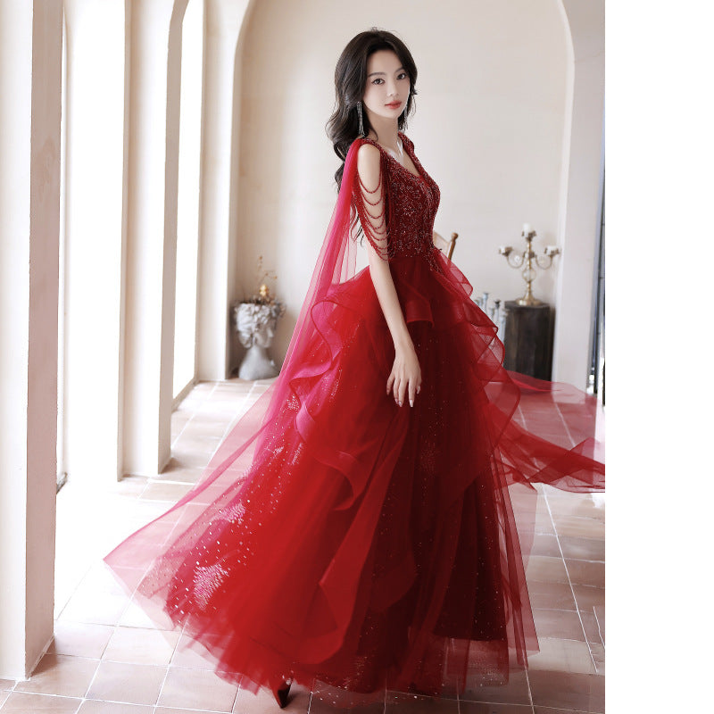 2025 Red evening dress female super fairy veil spring and summer V-neck toasting clothes new bridal toasting clothes wedding dress