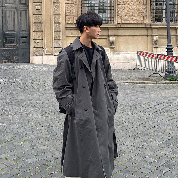 sanyamk mens fall fashion Mid-Length Windbreaker Men's Spring and Autumn New Korean Style Trendy Handsome Loose Double-Breasted Coat over the Knee