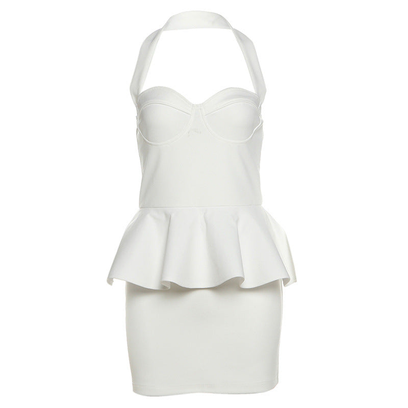 2025 style popular summer new women's clothing temperament casual high waist neck hip slim solid color dress
