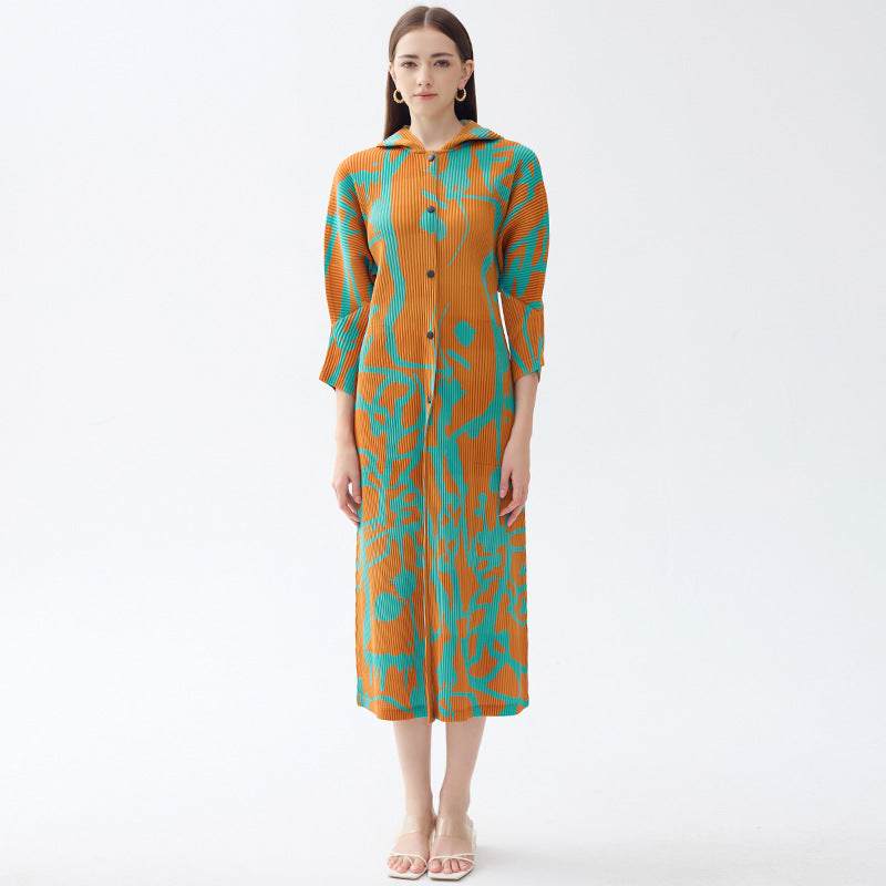 2025 spring casual print coat women's spring long-sleeved single-breasted skirt high-end hooded dress women