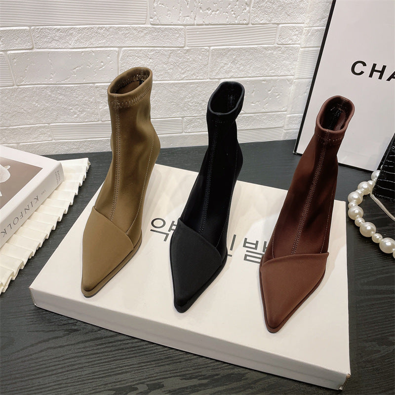 2025 Trendy brand 2025 style satin sleeve pointed short boots women's popular autumn and winter new thin heel elastic boots short thin boots