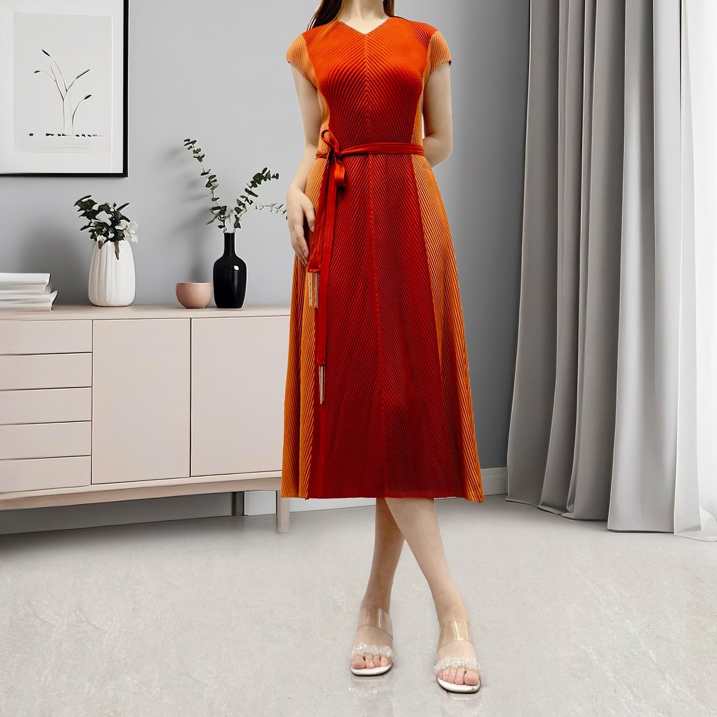 women's high-end dress fish scale pleated v-neck tie contrasting color fashionable temperament elegant medium and long skirt Popular style