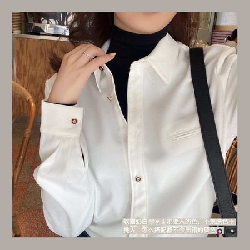 Stacked white shirt women's design sense niche Hong Kong style autumn and winter long-sleeved retro interior chic v-neck top