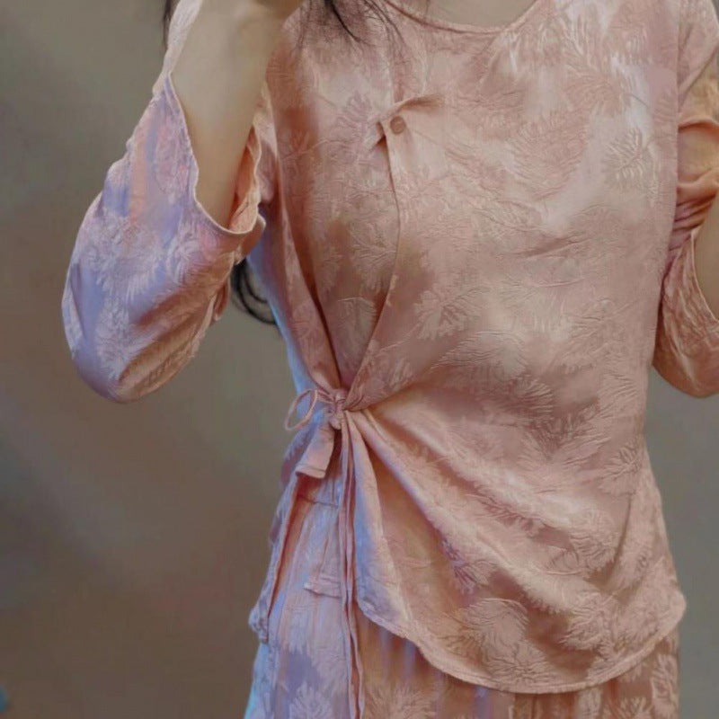 2025 Pajamas women's spring and autumn skin-friendly long-sleeved new Chinese style temperament retro can be worn outside loungewear suit dark flower morning robe