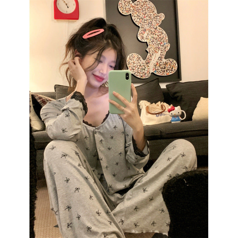 2025 Pajamas women's spring and autumn thin long-sleeved sexy suspenders gray bow floral sweet girl loungewear set