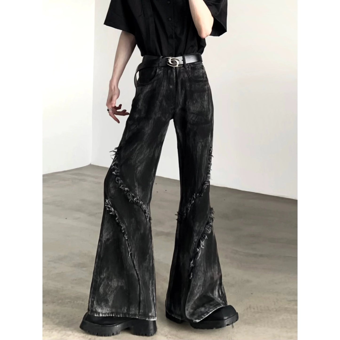 sanyamk Autumn Streetwear Dark High Waist Denim Slightly Flared Pants