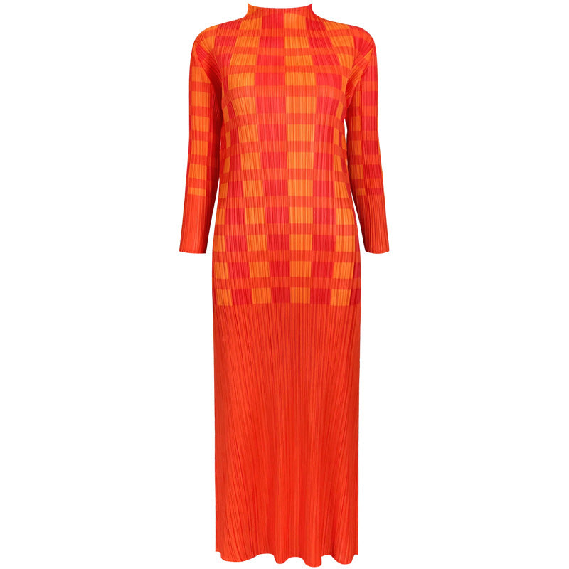 2025 spring new clothing pleated temperament slim half turtleneck dress long sleeve straight slim medium and long dress women