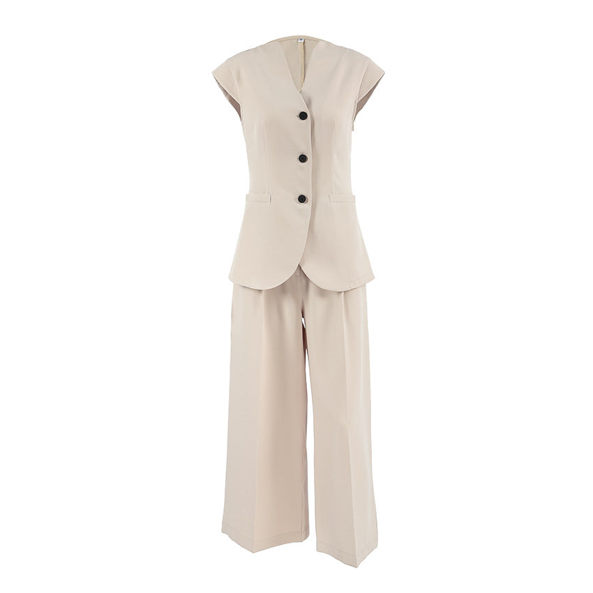 2025 Spring and summer retro temperament khaki V-neck sleeveless suit high waist vest trousers fashion casual suit women's clothing