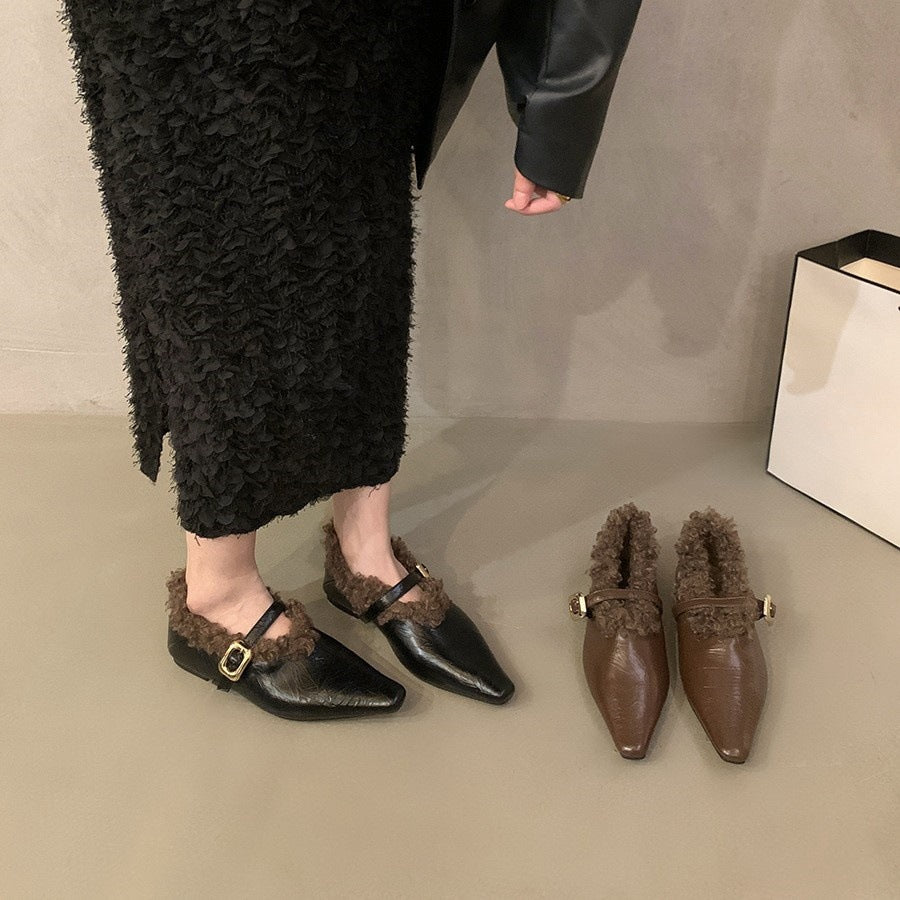 2025 flat-bottomed plush shoes women's new autumn and winter retro Korean version warm cotton shoes soft-soled single shoes