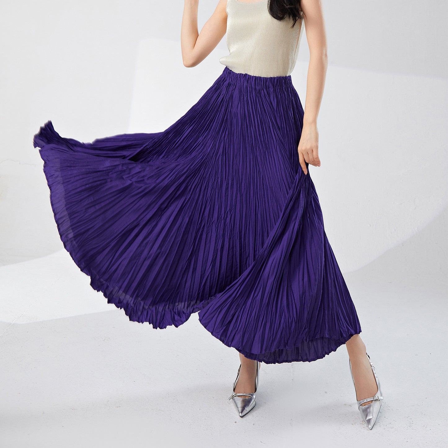 skirt a word female drape spring and summer new elastic waist loose meat cover thin fashion versatile pleated skirt