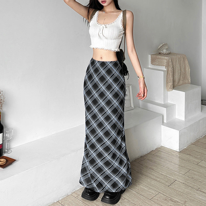 2025 style spring new women's clothing thin high waist hip wrap classic dark plaid long skirt skirt