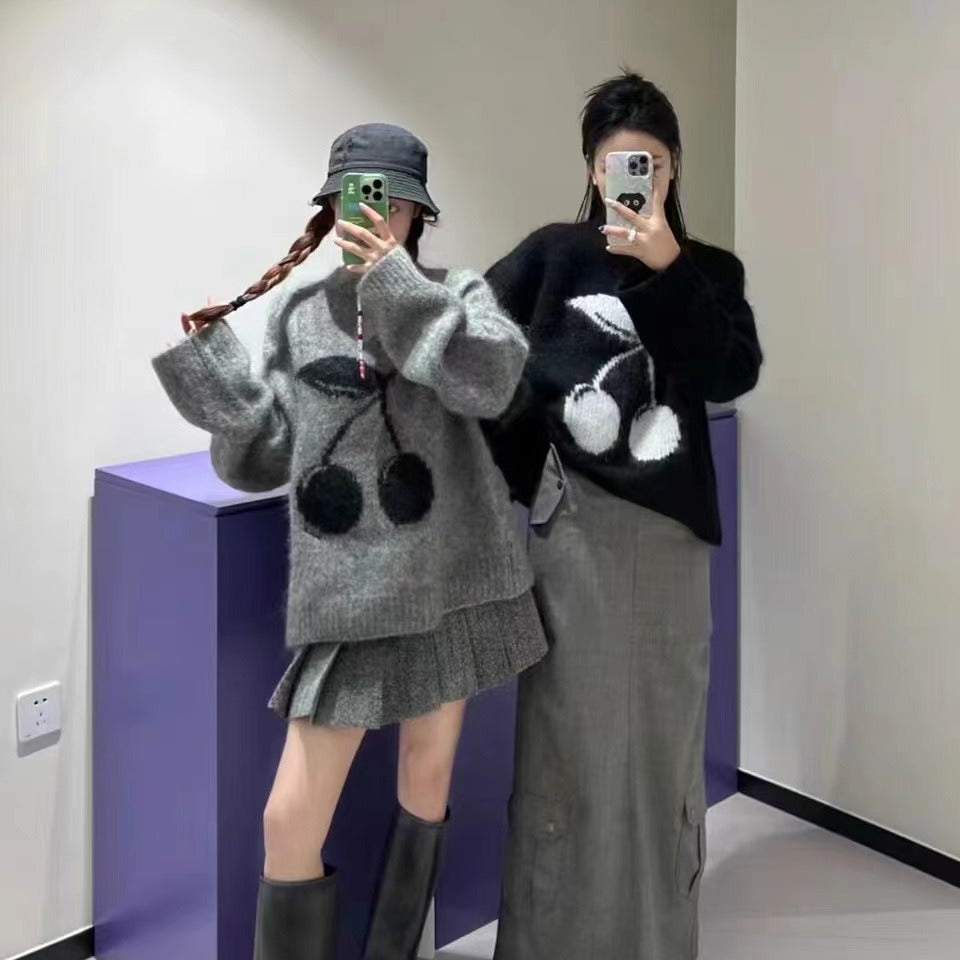 2025 Autumn and winter new mohair cherry jacquard lazy wind loose round neck long sleeve knitted sweater women's sweater top