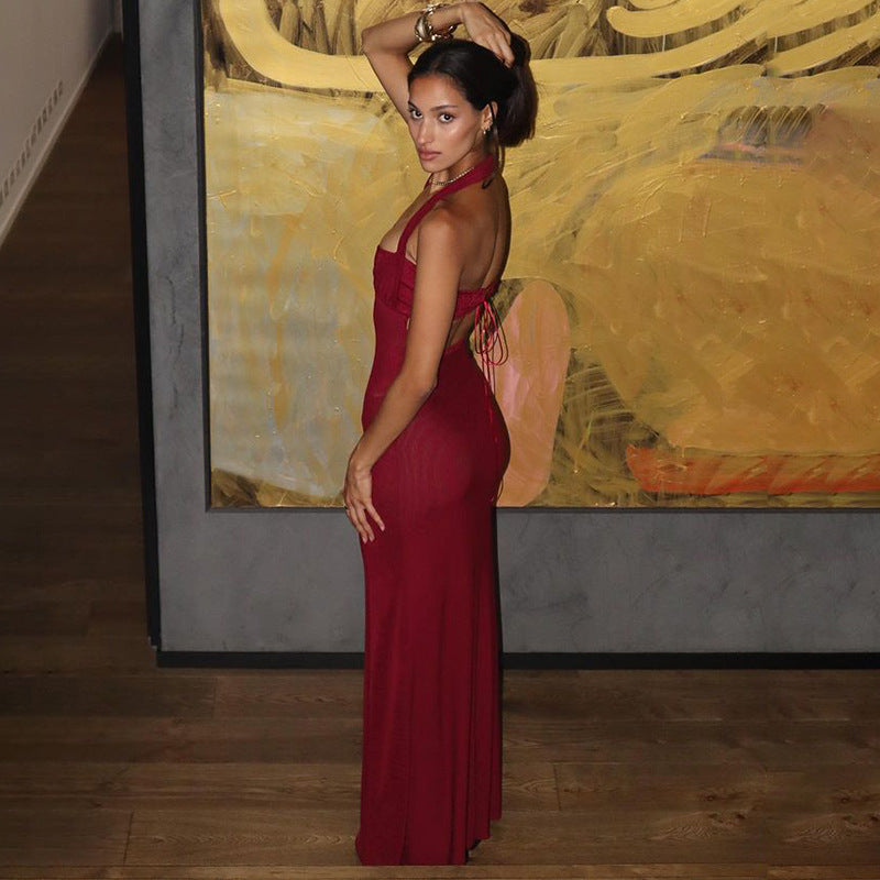 2025 wishpopular spring hot-selling new sexy temperament neck splicing backless slim hip dress